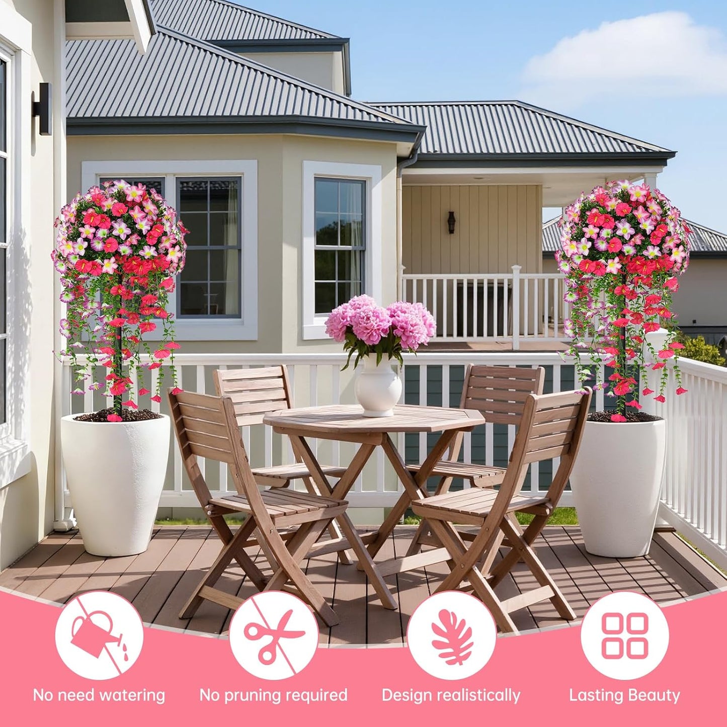 Yangrass Artificial Topiary Pink Flowers for Outdoors, Fake Bushes Topiary Ball Trees Set of 2 with Ground Spikes, Lifelike UV Resistant Faux Plants for Front Porch Garden Patio Decor