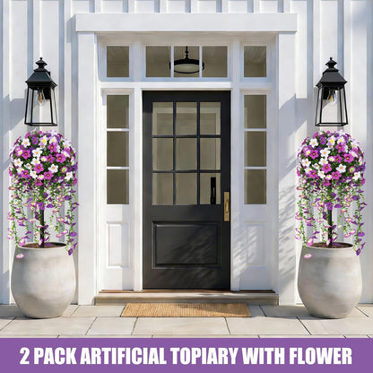 Yangrass Artificial Topiary Pink Flowers for Outdoors, Fake Bushes Topiary Ball Trees Set of 2 with Ground Spikes, Lifelike UV Resistant Faux Plants for Front Porch Garden Patio Decor