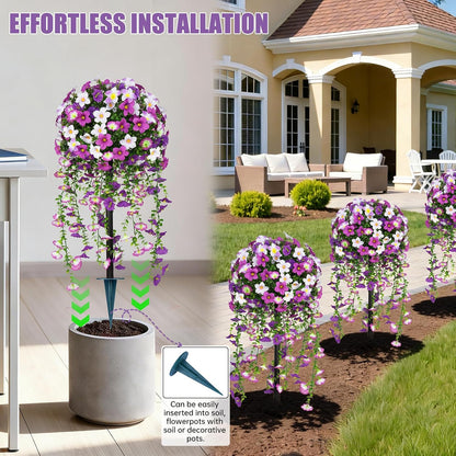 Yangrass Artificial Topiary Pink Flowers for Outdoors, Fake Bushes Topiary Ball Trees Set of 2 with Ground Spikes, Lifelike UV Resistant Faux Plants for Front Porch Garden Patio Decor