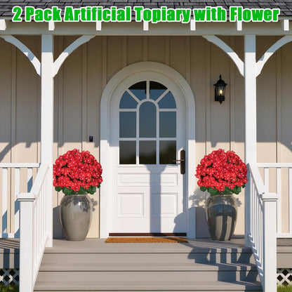 Yangrass Artificial Topiary Pink Flowers for Outdoors, Fake Bushes Topiary Ball Trees Set of 2 with Ground Spikes, Lifelike UV Resistant Faux Plants for Front Porch Garden Patio Decor