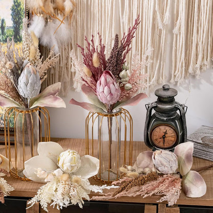 Artificial King Protea Flowers Simulation King Protea Bouquet Faux Dried Flower Stems for Bridal Bouquets Rustic Garden Wedding Party Decoration