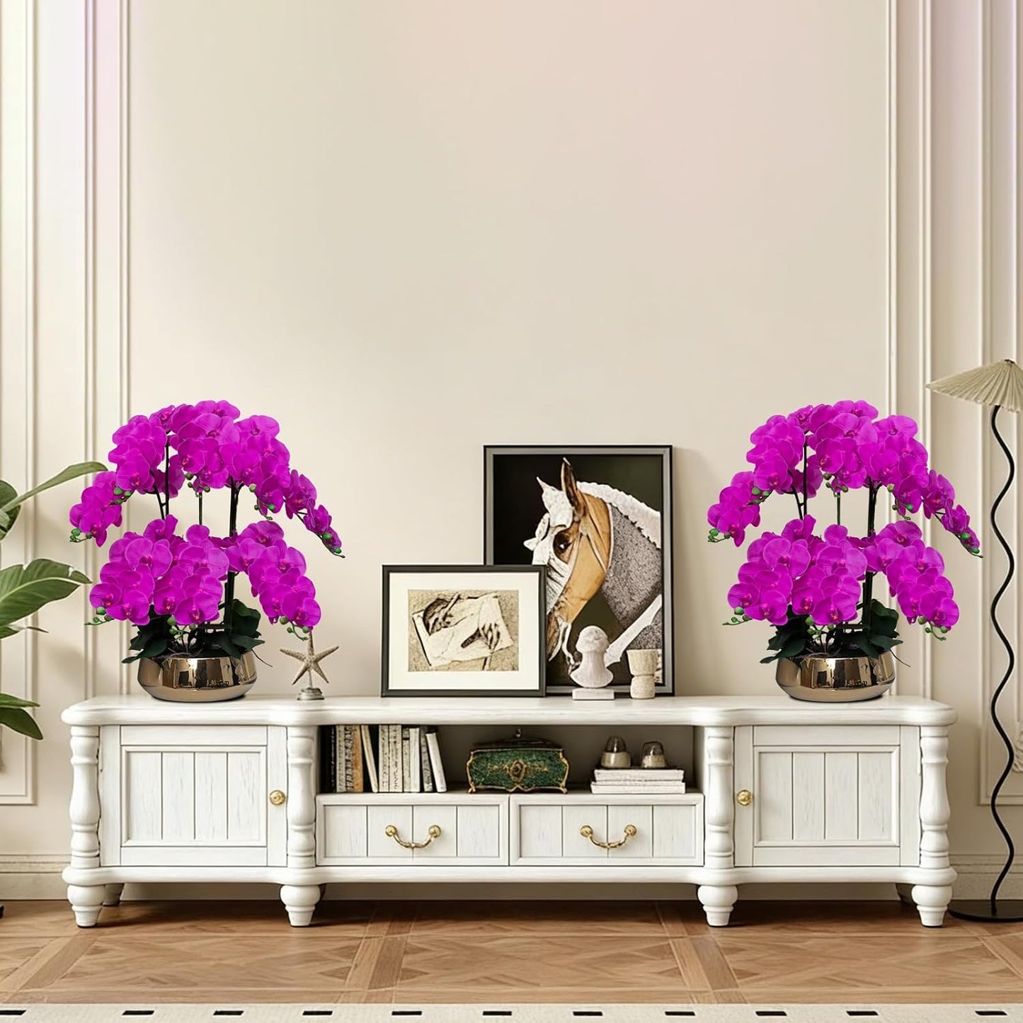 Orchids Artificial Flowers in Large Ceramic Vase 24.8'' Faux Orchid Plant | Large White Fake Silk Phalaenopsis Flower Arrangements for Home Office Centerpiece Decor (Large Realistic Petals, 8 Stems)