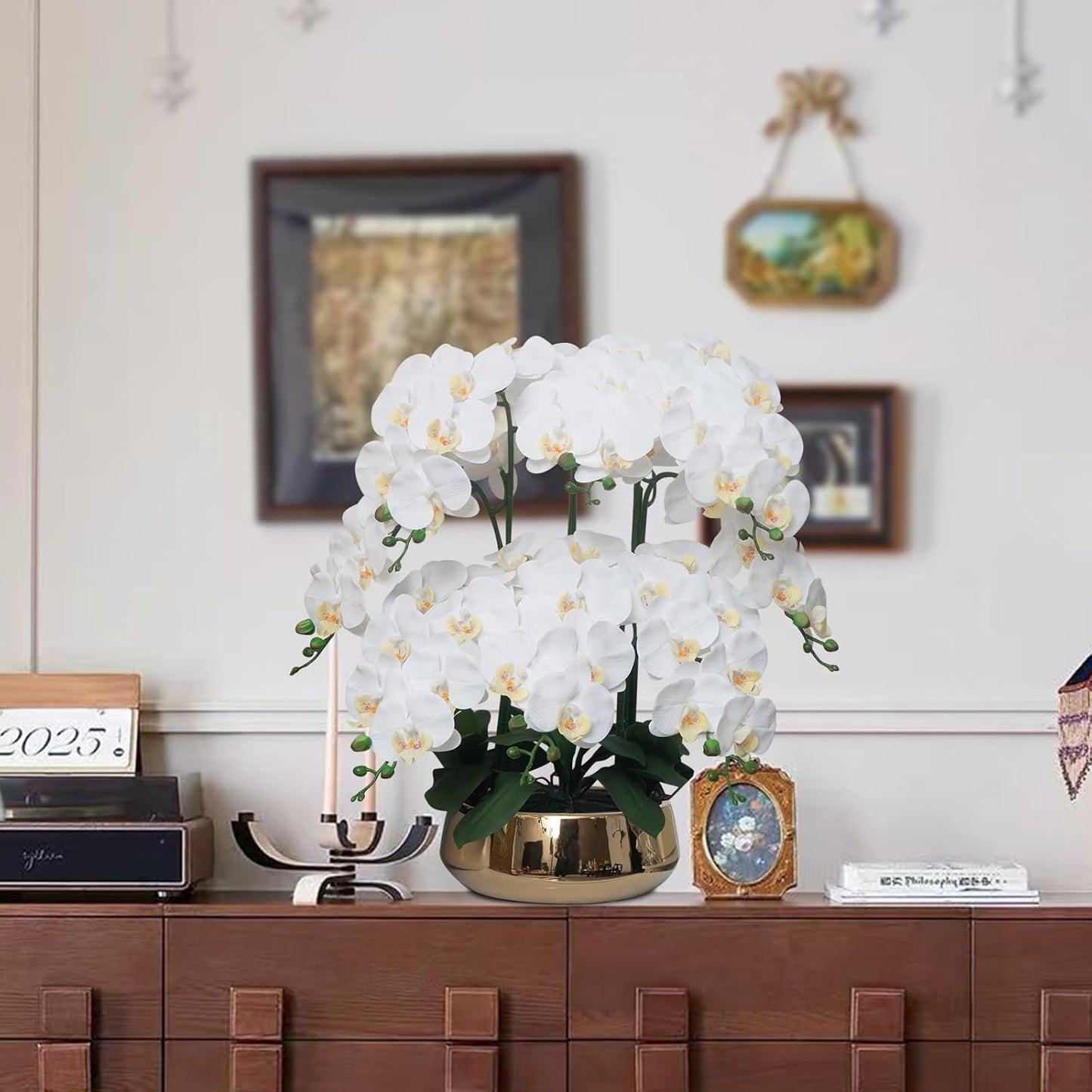 Orchids Artificial Flowers in Large Ceramic Vase 24.8'' Faux Orchid Plant | Large White Fake Silk Phalaenopsis Flower Arrangements for Home Office Centerpiece Decor (Large Realistic Petals, 8 Stems)