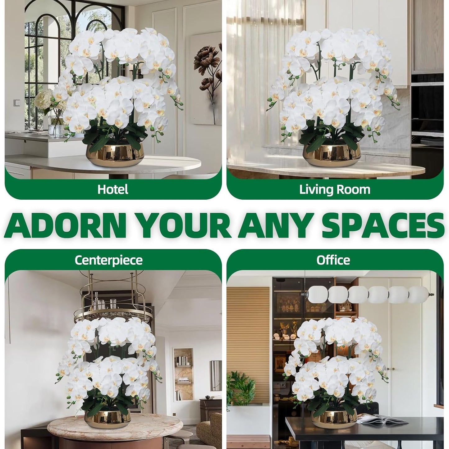 Orchids Artificial Flowers in Large Ceramic Vase 24.8'' Faux Orchid Plant | Large White Fake Silk Phalaenopsis Flower Arrangements for Home Office Centerpiece Decor (Large Realistic Petals, 8 Stems)