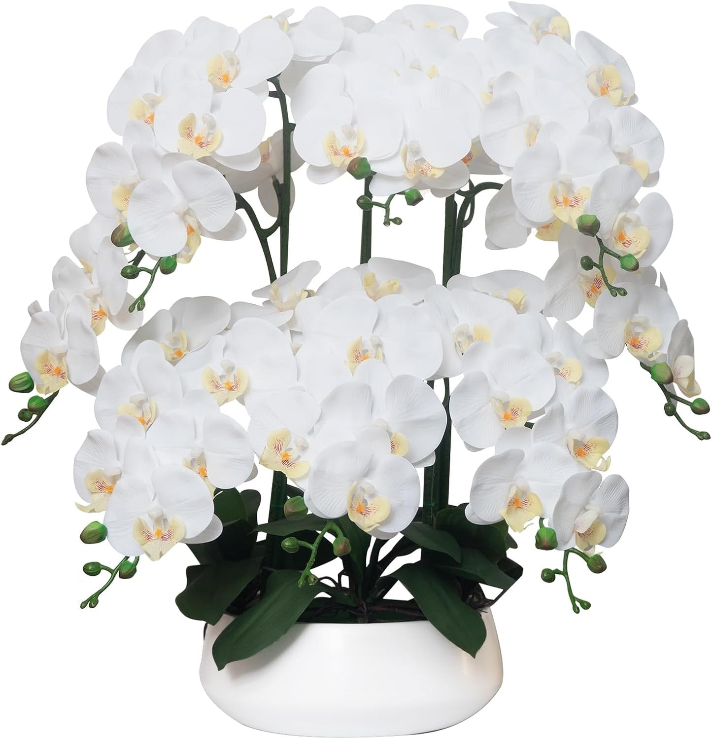 Orchids Artificial Flowers in Large Ceramic Vase 24.8'' Faux Orchid Plant | Large White Fake Silk Phalaenopsis Flower Arrangements for Home Office Centerpiece Decor (Large Realistic Petals, 8 Stems)
