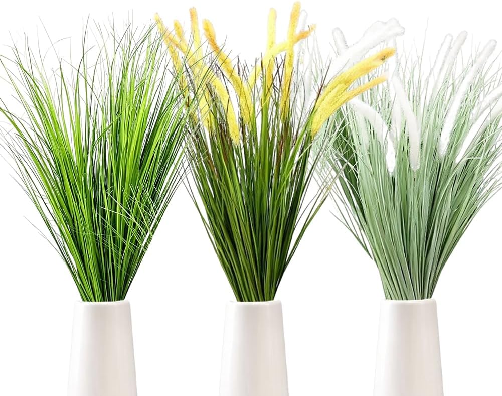 30 Pcs Artificial Horsetail Reed Grass Plants 23.6 Inch Tall Faux Shrubs Wheat Grass Artificial Greenery Stems Fake Plants for Home Indoor Outdoor Decor (Green White)