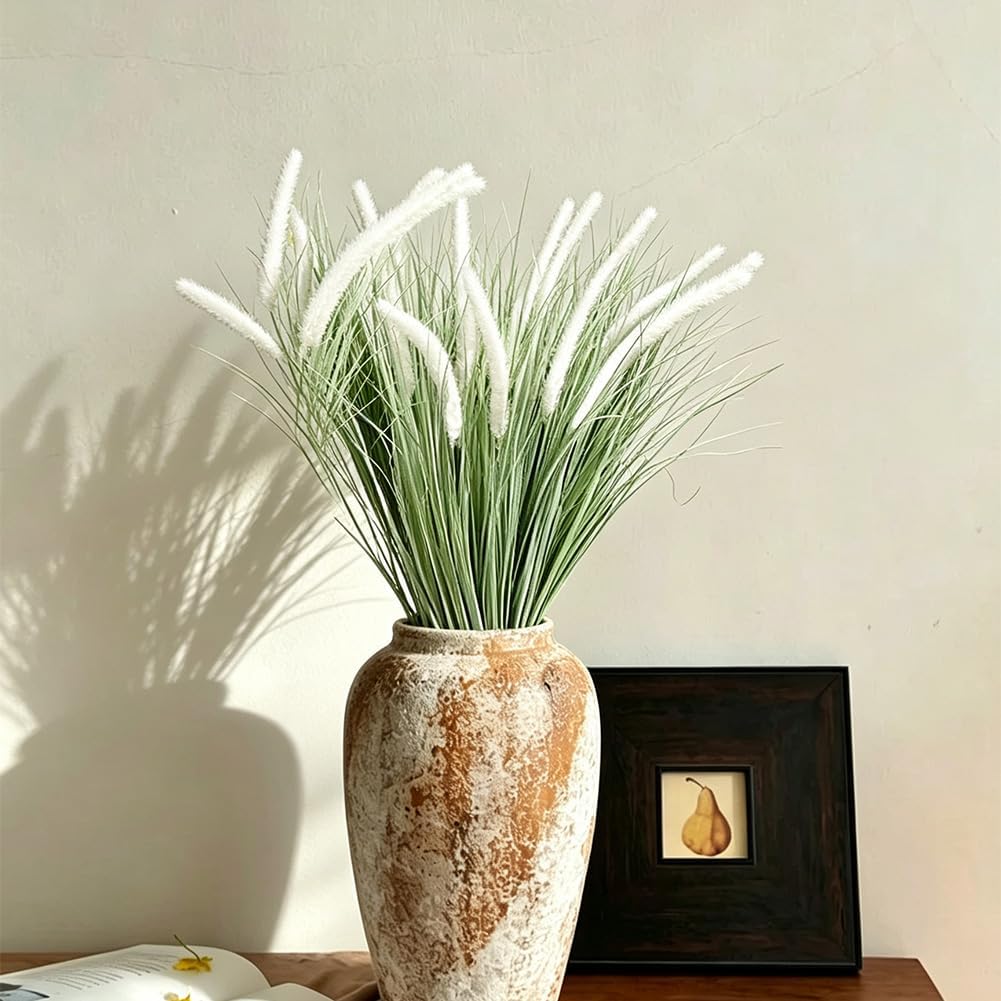 30 Pcs Artificial Horsetail Reed Grass Plants 23.6 Inch Tall Faux Shrubs Wheat Grass Artificial Greenery Stems Fake Plants for Home Indoor Outdoor Decor (Green White)