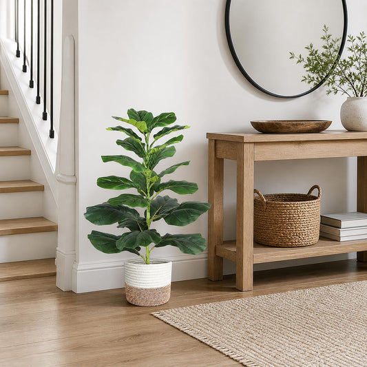 30" Artificial Fiddle Leaf Fig Tree, Realistic Fake Plants Faux Trees Indoor with Cotton Rope Basket, Artificial Plants Indoor for Apartment Home Living Room Office Decor