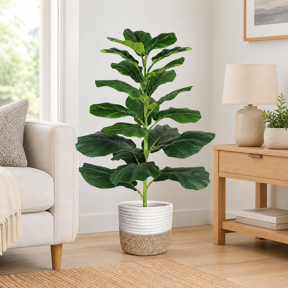 30" Artificial Fiddle Leaf Fig Tree, Realistic Fake Plants Faux Trees Indoor with Cotton Rope Basket, Artificial Plants Indoor for Apartment Home Living Room Office Decor