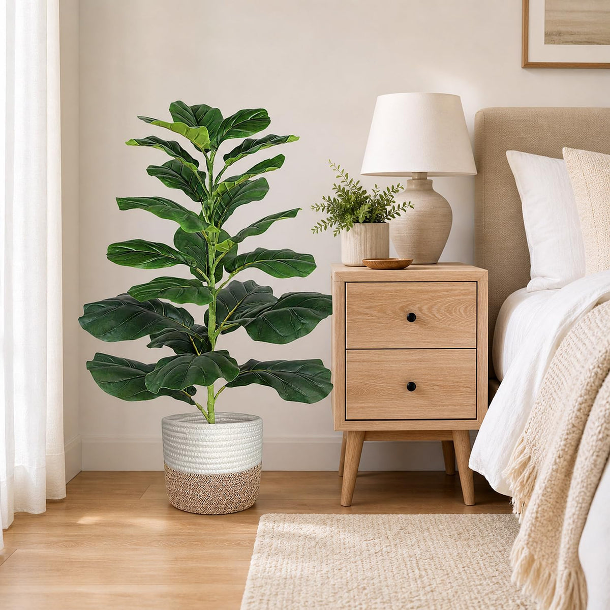 30" Artificial Fiddle Leaf Fig Tree, Realistic Fake Plants Faux Trees Indoor with Cotton Rope Basket, Artificial Plants Indoor for Apartment Home Living Room Office Decor