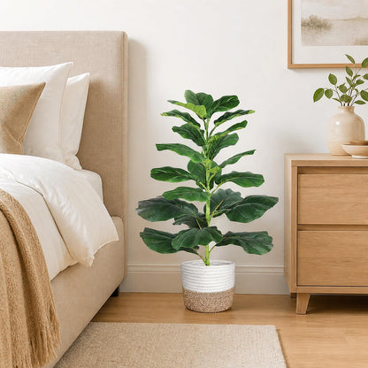 30" Artificial Fiddle Leaf Fig Tree, Realistic Fake Plants Faux Trees Indoor with Cotton Rope Basket, Artificial Plants Indoor for Apartment Home Living Room Office Decor