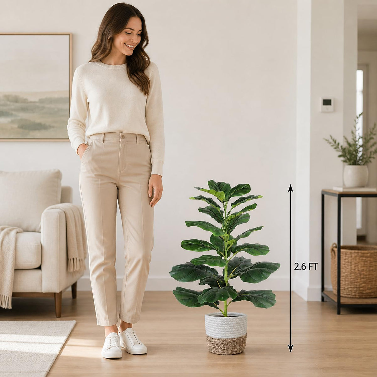 30" Artificial Fiddle Leaf Fig Tree, Realistic Fake Plants Faux Trees Indoor with Cotton Rope Basket, Artificial Plants Indoor for Apartment Home Living Room Office Decor