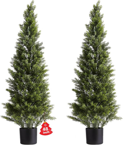 Artificial Cedar Topiary Trees, 48 inch 2 Set Faux Pine Shrubs Plants, Fake Silk Tree Look Real, Easy Assembly for Decor Front Porch Outdoor Patio Garden Balcony Backyard Indoor Office