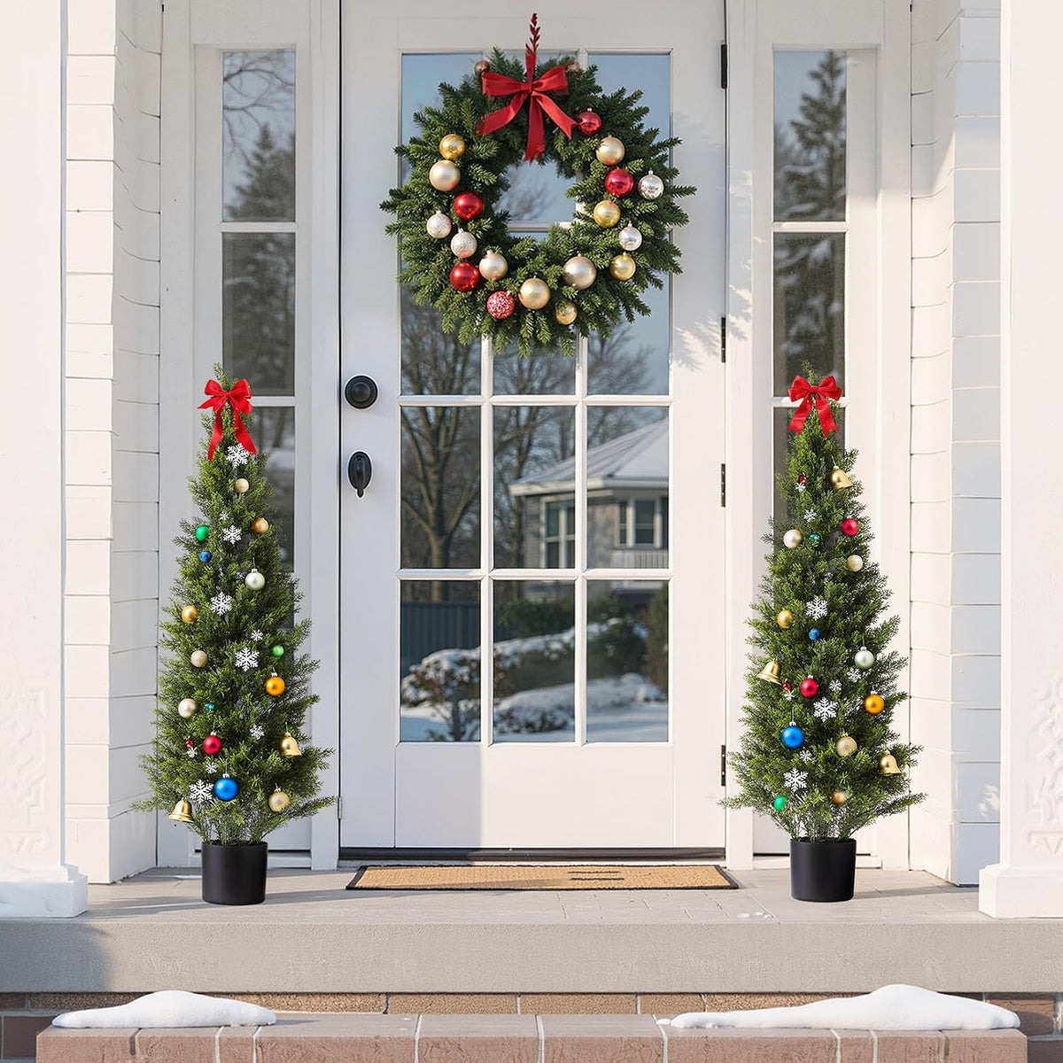 Artificial Cedar Topiary Trees, 48 inch 2 Set Faux Pine Shrubs Plants, Fake Silk Tree Look Real, Easy Assembly for Decor Front Porch Outdoor Patio Garden Balcony Backyard Indoor Office