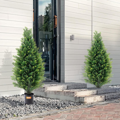 Artificial Cedar Topiary Trees, 48 inch 2 Set Faux Pine Shrubs Plants, Fake Silk Tree Look Real, Easy Assembly for Decor Front Porch Outdoor Patio Garden Balcony Backyard Indoor Office