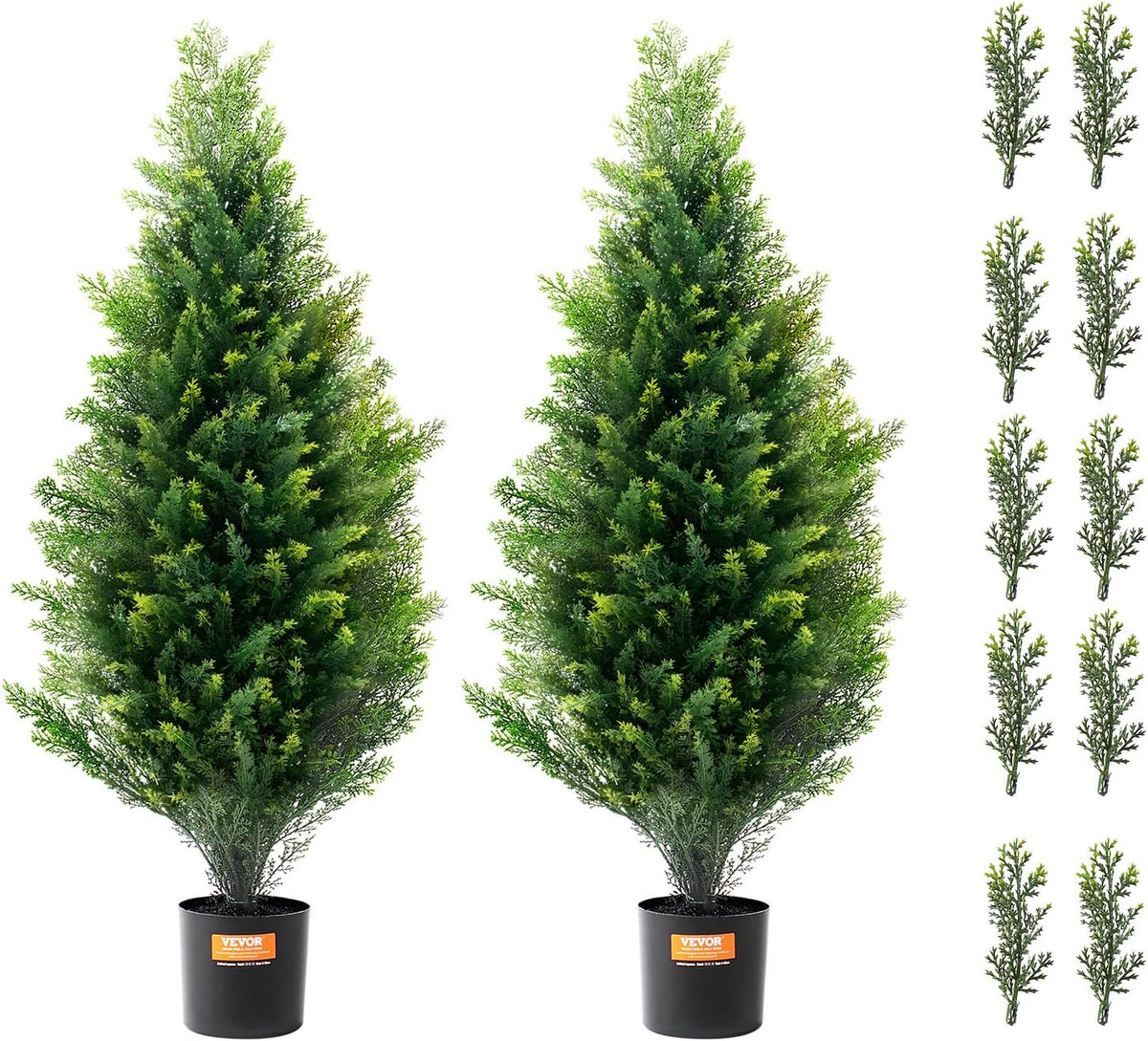 Artificial Cedar Topiary Trees, 48 inch 2 Set Faux Pine Shrubs Plants, Fake Silk Tree Look Real, Easy Assembly for Decor Front Porch Outdoor Patio Garden Balcony Backyard Indoor Office