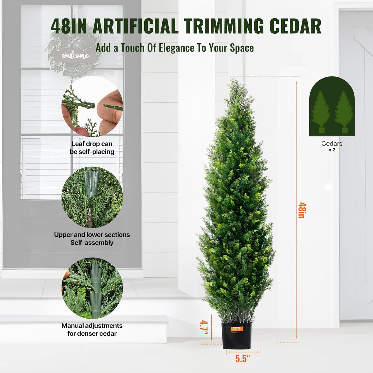 Artificial Cedar Topiary Trees, 48 inch 2 Set Faux Pine Shrubs Plants, Fake Silk Tree Look Real, Easy Assembly for Decor Front Porch Outdoor Patio Garden Balcony Backyard Indoor Office