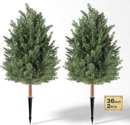 Artificial Cedar Topiary Trees, 48 inch 2 Set Faux Pine Shrubs Plants, Fake Silk Tree Look Real, Easy Assembly for Decor Front Porch Outdoor Patio Garden Balcony Backyard Indoor Office