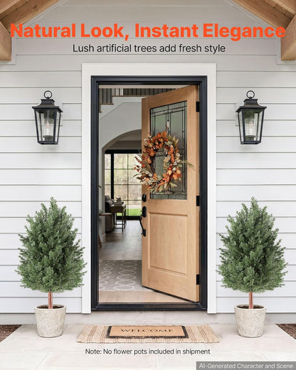 Artificial Cedar Topiary Trees, 48 inch 2 Set Faux Pine Shrubs Plants, Fake Silk Tree Look Real, Easy Assembly for Decor Front Porch Outdoor Patio Garden Balcony Backyard Indoor Office