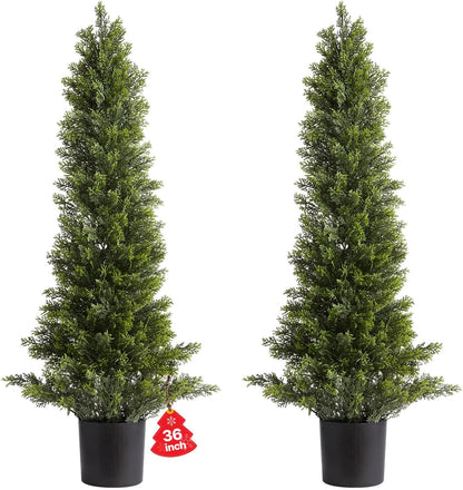 Artificial Cedar Topiary Trees, 48 inch 2 Set Faux Pine Shrubs Plants, Fake Silk Tree Look Real, Easy Assembly for Decor Front Porch Outdoor Patio Garden Balcony Backyard Indoor Office