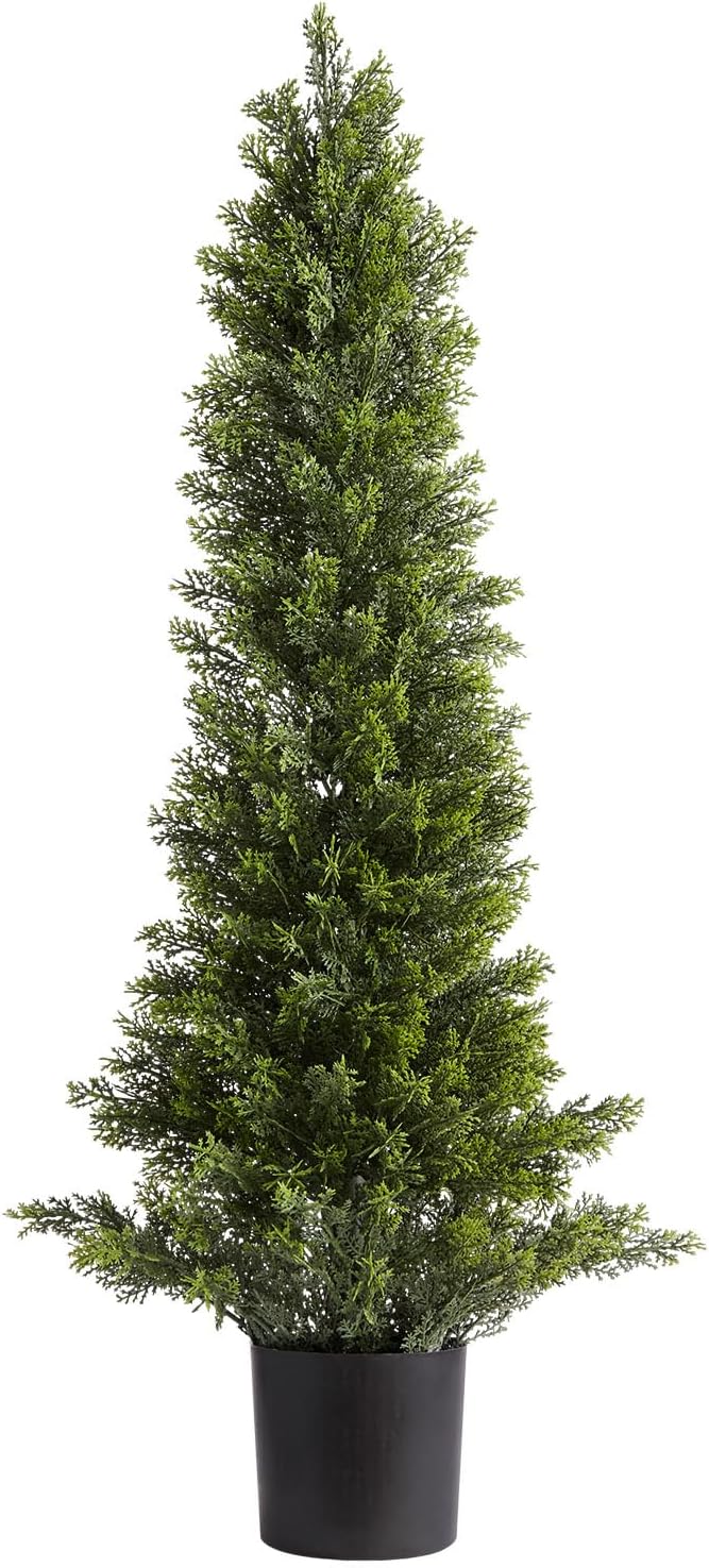 Artificial Cedar Topiary Trees, 48 inch 2 Set Faux Pine Shrubs Plants, Fake Silk Tree Look Real, Easy Assembly for Decor Front Porch Outdoor Patio Garden Balcony Backyard Indoor Office