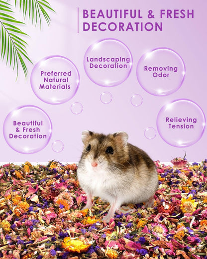 Natural Flower & Herb Hamster Bedding 300g/10.5oz, Small Animal Flower Habitat Decor for Syrian Dwarf Hamster Gerbil Chinchilla Mice Degu and Other Small Pet Flower Bedding Odor Control Forage