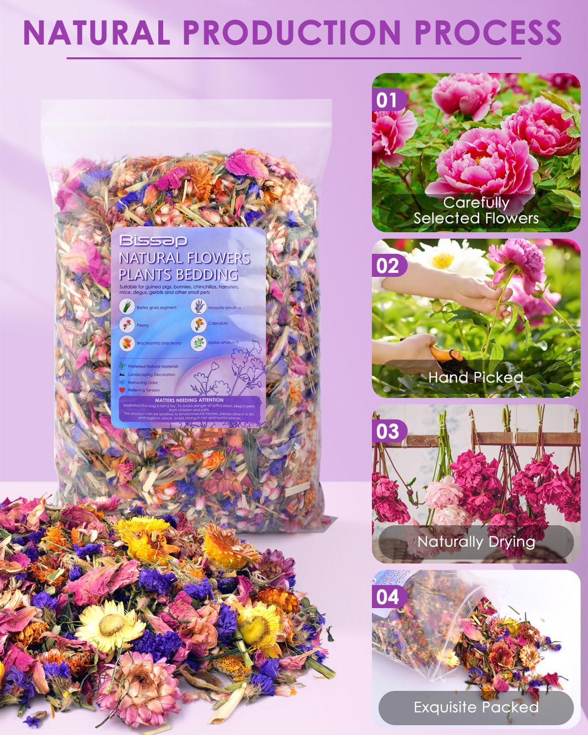 Natural Flower & Herb Hamster Bedding 300g/10.5oz, Small Animal Flower Habitat Decor for Syrian Dwarf Hamster Gerbil Chinchilla Mice Degu and Other Small Pet Flower Bedding Odor Control Forage