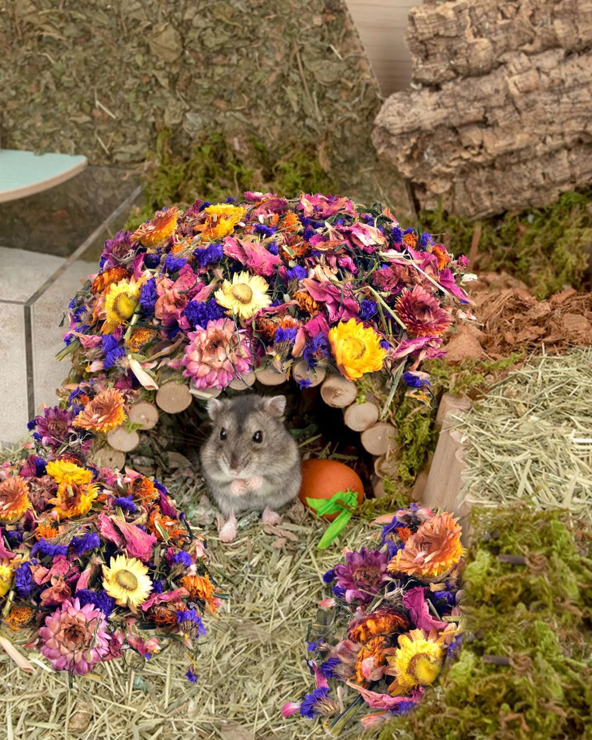 Natural Flower & Herb Hamster Bedding 300g/10.5oz, Small Animal Flower Habitat Decor for Syrian Dwarf Hamster Gerbil Chinchilla Mice Degu and Other Small Pet Flower Bedding Odor Control Forage