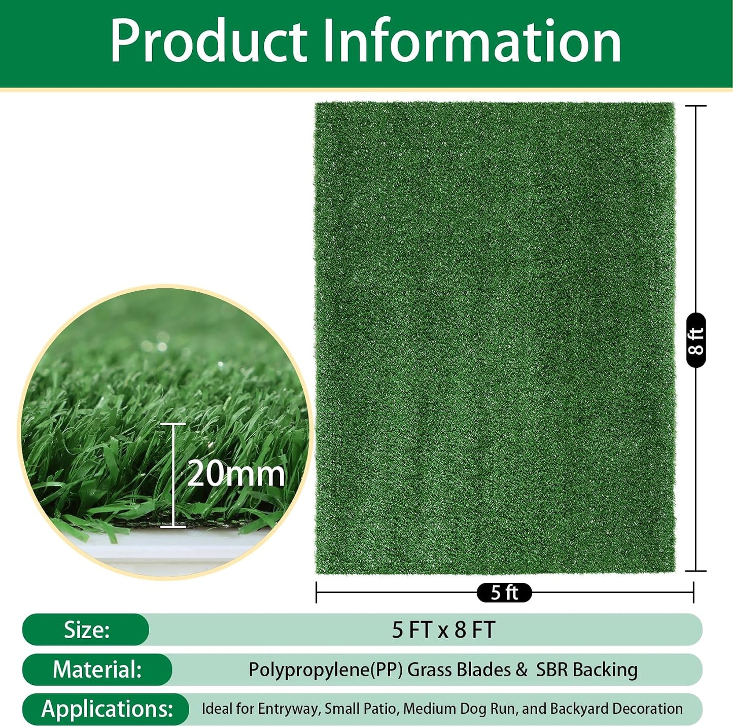 Artificial Grass Outdoor Rug - 5FT x 8FT Fake Grass for Dogs - Patio Balcony Turf Mat - 20mm Pile Height with Drain Hole