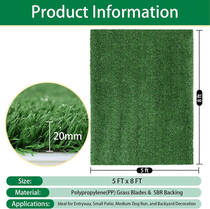 Artificial Grass Outdoor Rug - 5FT x 8FT Fake Grass for Dogs - Patio Balcony Turf Mat - 20mm Pile Height with Drain Hole