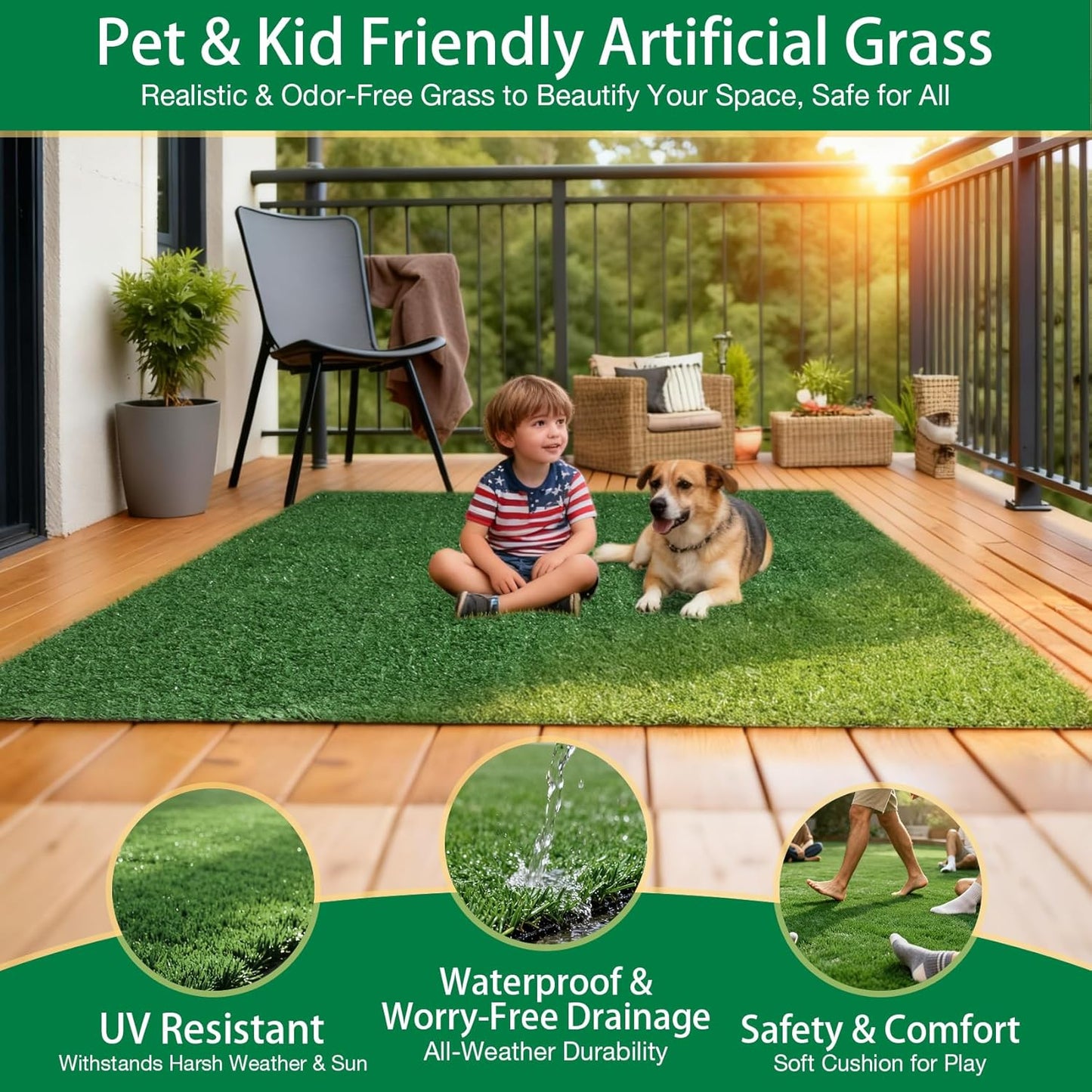 Artificial Grass Outdoor Rug - 5FT x 8FT Fake Grass for Dogs - Patio Balcony Turf Mat - 20mm Pile Height with Drain Hole