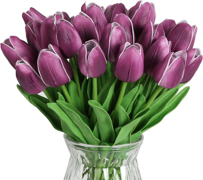 Real Touch Purple Tulips 24PCS Artificial Flowers for Decoraion Fake Tulips Purple Flowers Floral Arrangements Faux Tulip Decor for Table Home Decor Baby Shower Centerpieces
