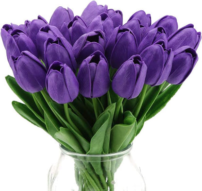 Real Touch Purple Tulips 24PCS Artificial Flowers for Decoraion Fake Tulips Purple Flowers Floral Arrangements Faux Tulip Decor for Table Home Decor Baby Shower Centerpieces