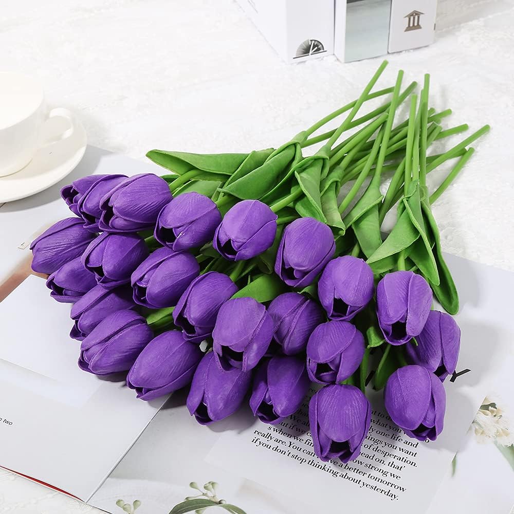 Real Touch Purple Tulips 24PCS Artificial Flowers for Decoraion Fake Tulips Purple Flowers Floral Arrangements Faux Tulip Decor for Table Home Decor Baby Shower Centerpieces