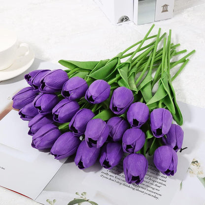 Real Touch Purple Tulips 24PCS Artificial Flowers for Decoraion Fake Tulips Purple Flowers Floral Arrangements Faux Tulip Decor for Table Home Decor Baby Shower Centerpieces