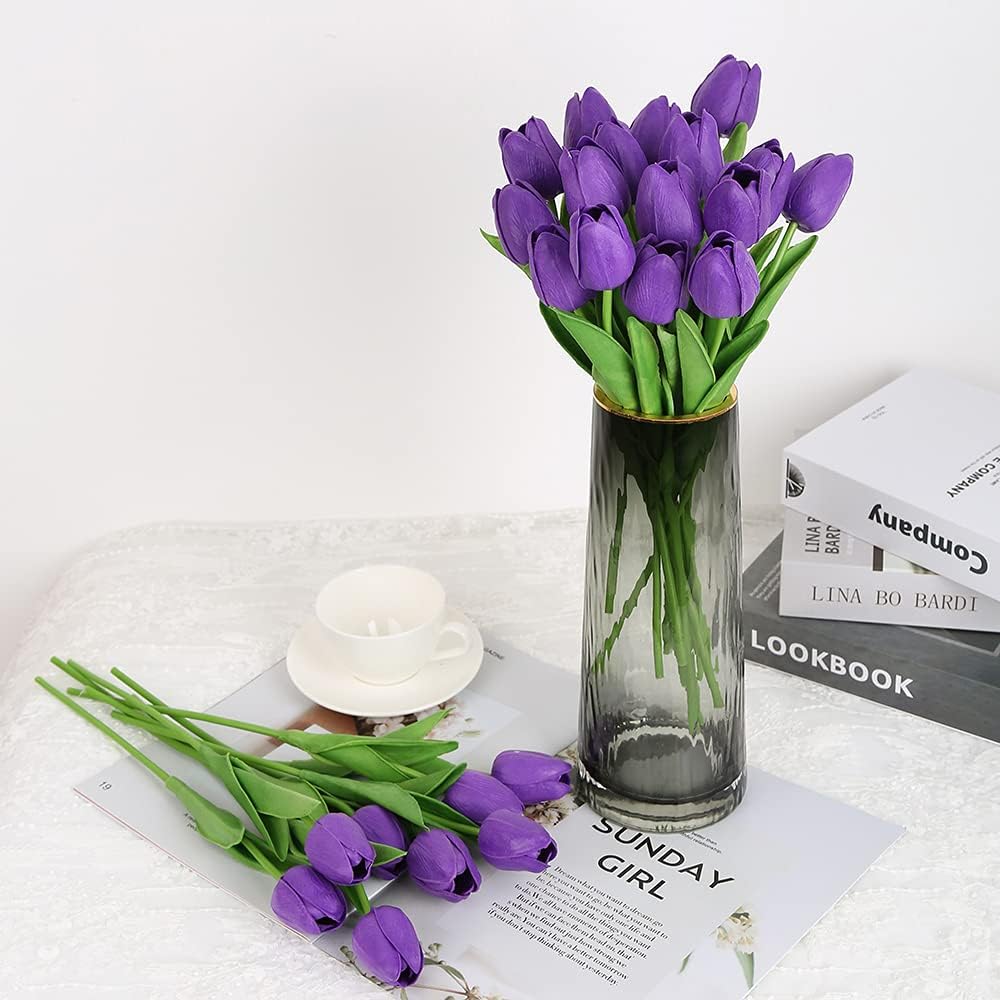 Real Touch Purple Tulips 24PCS Artificial Flowers for Decoraion Fake Tulips Purple Flowers Floral Arrangements Faux Tulip Decor for Table Home Decor Baby Shower Centerpieces