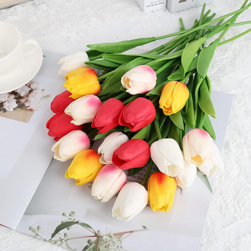 Real Touch Purple Tulips 24PCS Artificial Flowers for Decoraion Fake Tulips Purple Flowers Floral Arrangements Faux Tulip Decor for Table Home Decor Baby Shower Centerpieces