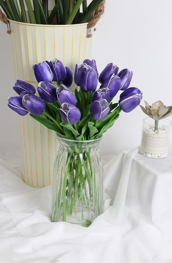 Real Touch Purple Tulips 24PCS Artificial Flowers for Decoraion Fake Tulips Purple Flowers Floral Arrangements Faux Tulip Decor for Table Home Decor Baby Shower Centerpieces