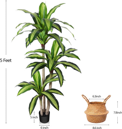 5 Ft Artificial Dracaena Tree，Faux Plants Indoor with Basket