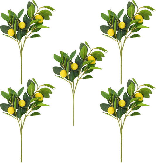 5 PCS Artificial Lemon Branches for Vase Home Decor | 18 Inch Plastic Lemon Tree with Lemon Bushes for Garden Patio Porch Window Box Planter and Indoor Outdoor Home Decor