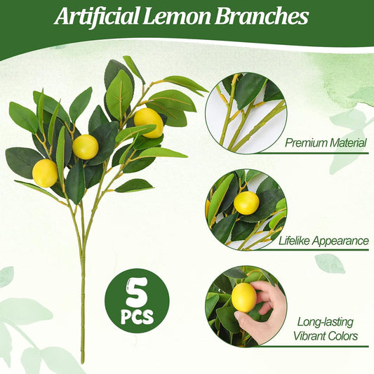 5 PCS Artificial Lemon Branches for Vase Home Decor | 18 Inch Plastic Lemon Tree with Lemon Bushes for Garden Patio Porch Window Box Planter and Indoor Outdoor Home Decor