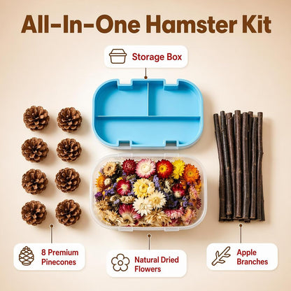 Natural Pet Nest Decorations for Small Pets, Hamster & Rabbit Chew Toys Set with Dried Flowers, Apple Sticks & Pine Cones, Pet-Friendly, Helps Adapt to New Environment & Relieve Stress