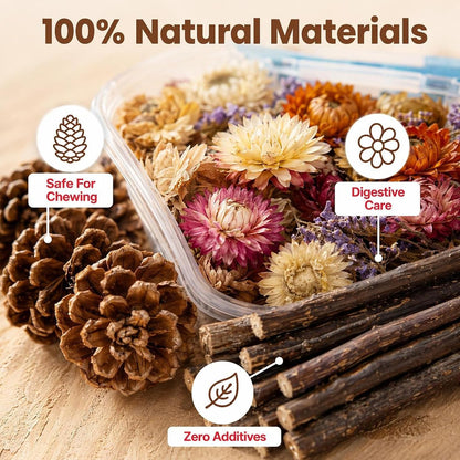 Natural Pet Nest Decorations for Small Pets, Hamster & Rabbit Chew Toys Set with Dried Flowers, Apple Sticks & Pine Cones, Pet-Friendly, Helps Adapt to New Environment & Relieve Stress