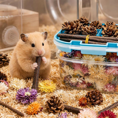 Natural Pet Nest Decorations for Small Pets, Hamster & Rabbit Chew Toys Set with Dried Flowers, Apple Sticks & Pine Cones, Pet-Friendly, Helps Adapt to New Environment & Relieve Stress