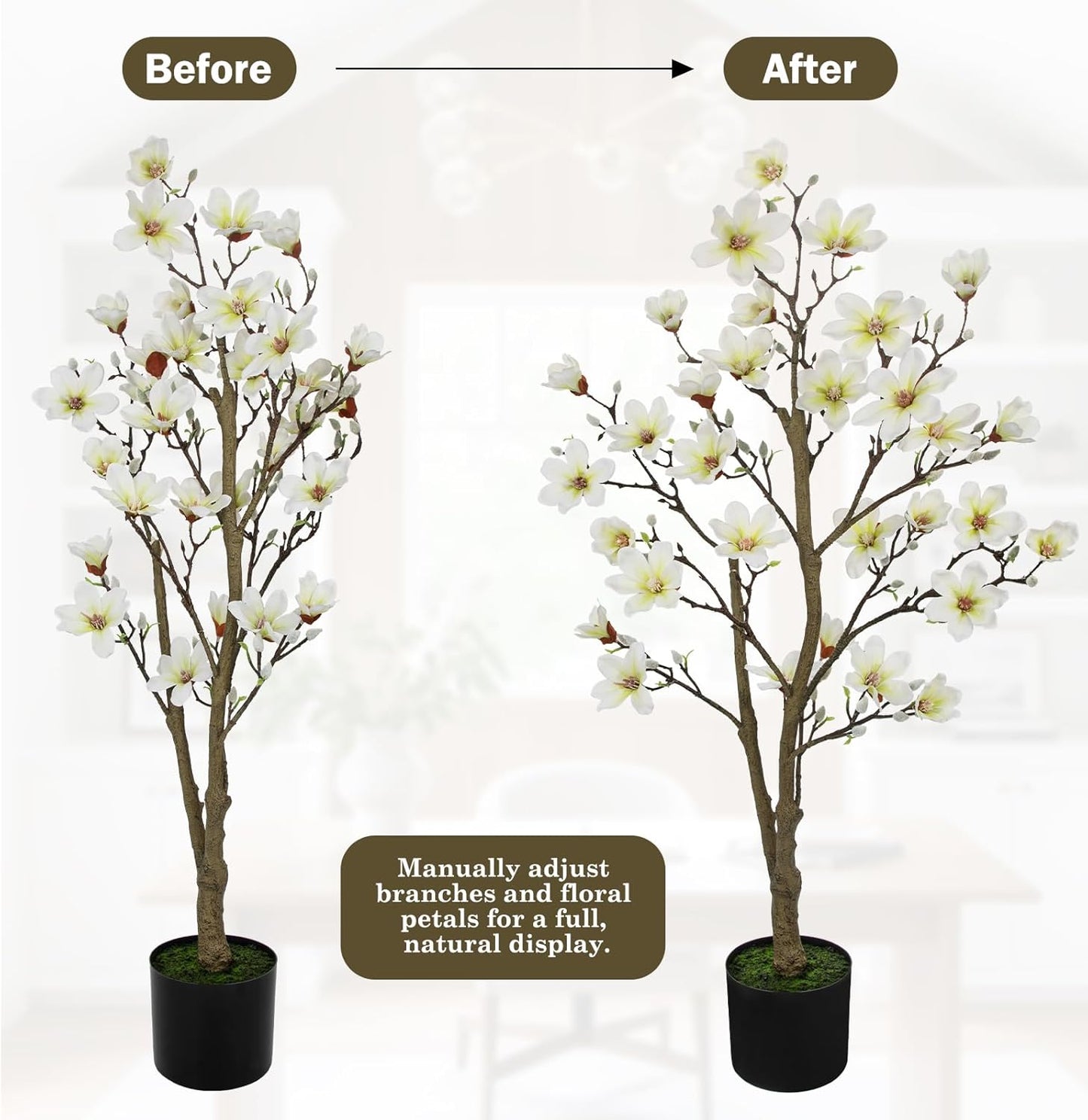 Artificial Magnolia Flower Tree in Black Pot, 2.95FT/35.4IN White Faux Magnolia Silk Floral Tree Fake Potted Tree for Home Living Room Entryway Office Outdoor Porch Decor