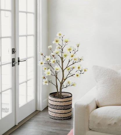 Artificial Magnolia Flower Tree in Black Pot, 2.95FT/35.4IN White Faux Magnolia Silk Floral Tree Fake Potted Tree for Home Living Room Entryway Office Outdoor Porch Decor