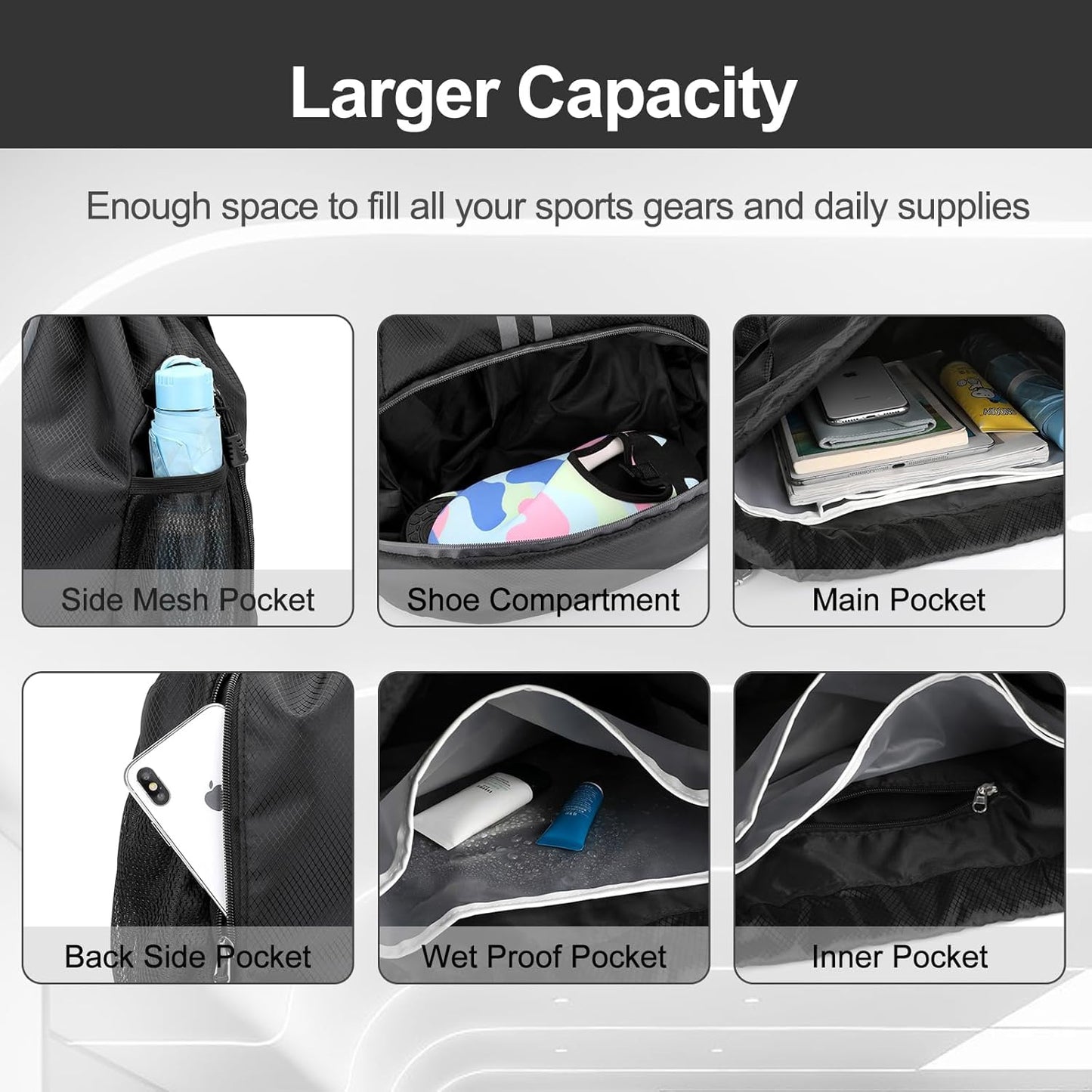 Sports Drawstring Backpack - Swim Gym Bag for Women and Men | String Bag with Shoes Compartment & Wet Proof Pocket, Adjustable Wider Shoulder Strap, For Soccer, Basketball