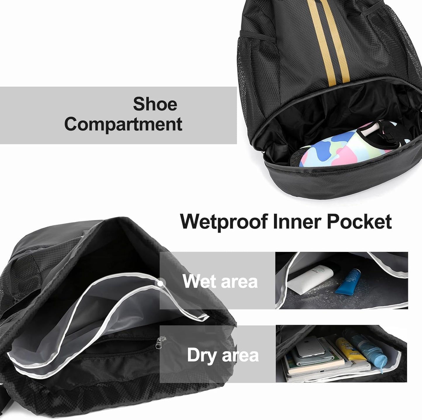 Sports Drawstring Backpack - Swim Gym Bag for Women and Men | String Bag with Shoes Compartment & Wet Proof Pocket, Adjustable Wider Shoulder Strap, For Soccer, Basketball