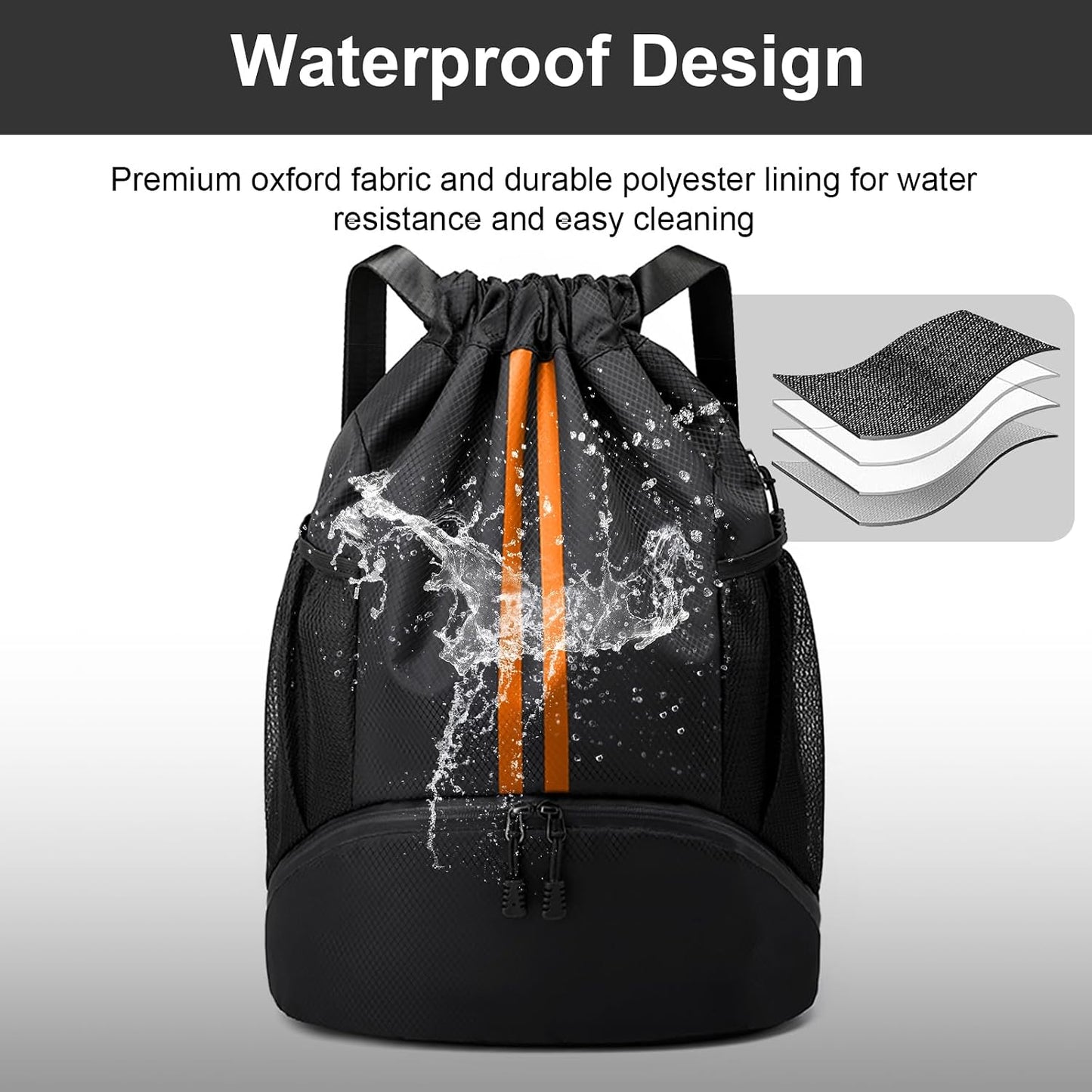 Sports Drawstring Backpack - Swim Gym Bag for Women and Men | String Bag with Shoes Compartment & Wet Proof Pocket, Adjustable Wider Shoulder Strap, For Soccer, Basketball