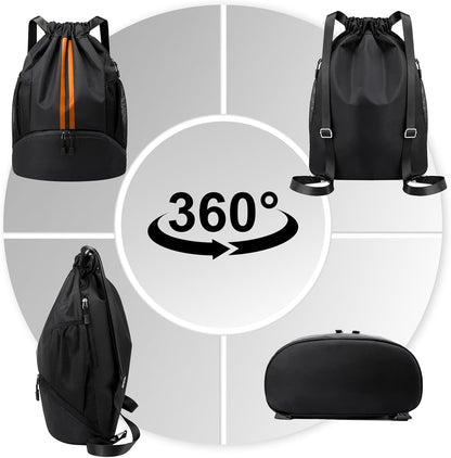 Sports Drawstring Backpack - Swim Gym Bag for Women and Men | String Bag with Shoes Compartment & Wet Proof Pocket, Adjustable Wider Shoulder Strap, For Soccer, Basketball